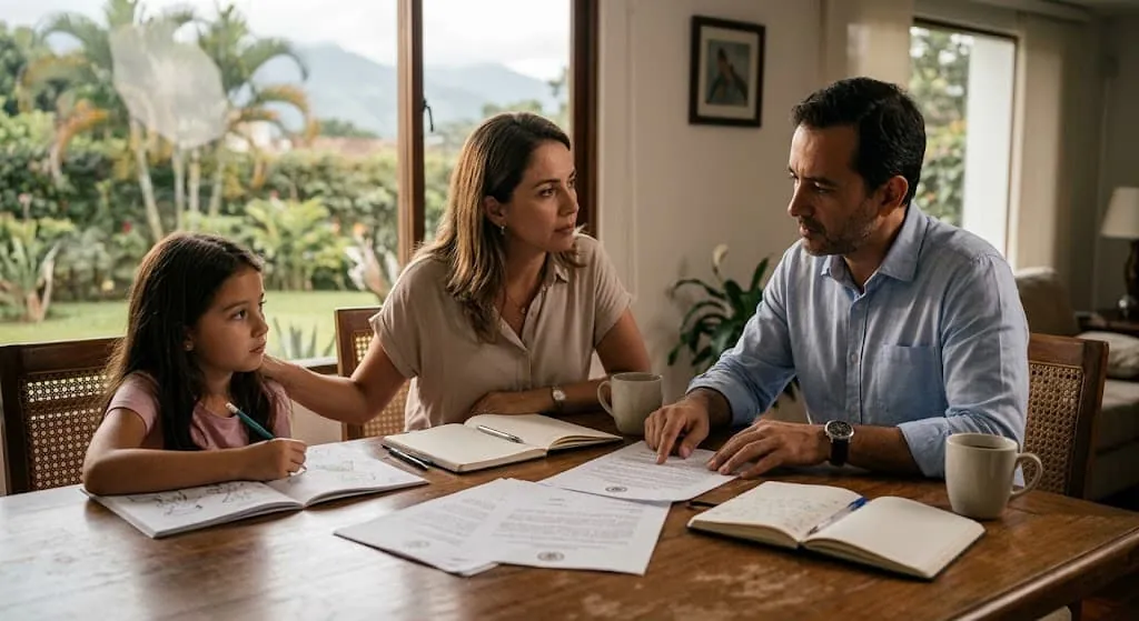 Parents talking over estate planning documents at the kitchen table while their young daughter draws beside them